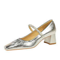 Heels Women Fashion CRYSTAL Pearl Pumps Square Toe Stripper Elegant Party Square Heel Ladies Shoes