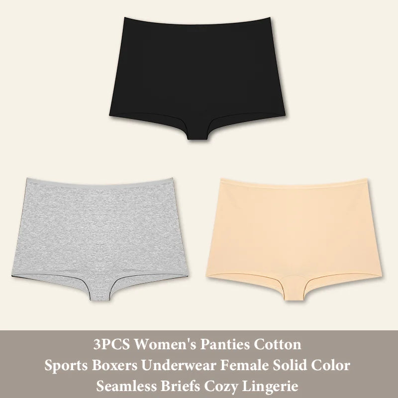 3PCS Women's Panties Cotton Seamless Sports Boxers Underwear Female Solid Color Briefs Cozy Lingerie Intimate Underpants