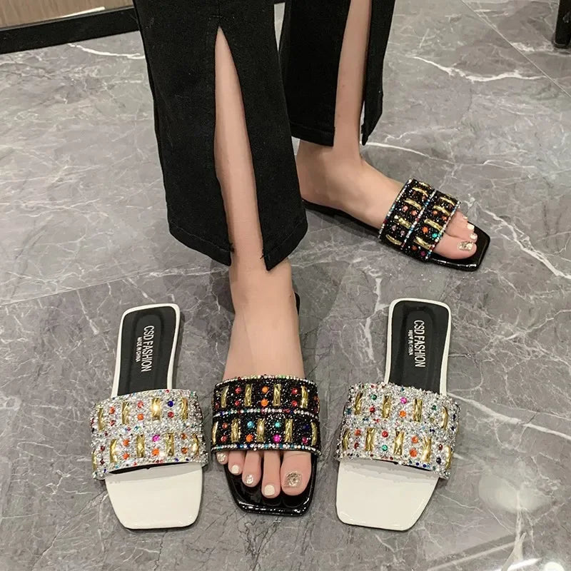 Slippers for Women Shiny Rhinestone Sandals Women Outdoor Beach Casual Shoes Sexy Fashion Flats