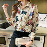 Fashion chain print ladies shirts Spring Women Blouses Long Sleeve Shirts Tops
