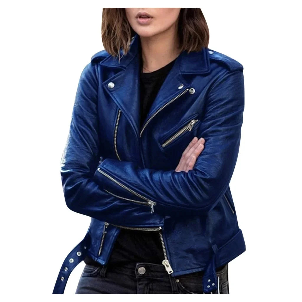 Women's Short Biker Style PU Leather Jacket Slim Fit Winter Coat Female Fashion Outerwear Coat - Natalia Home Fashion