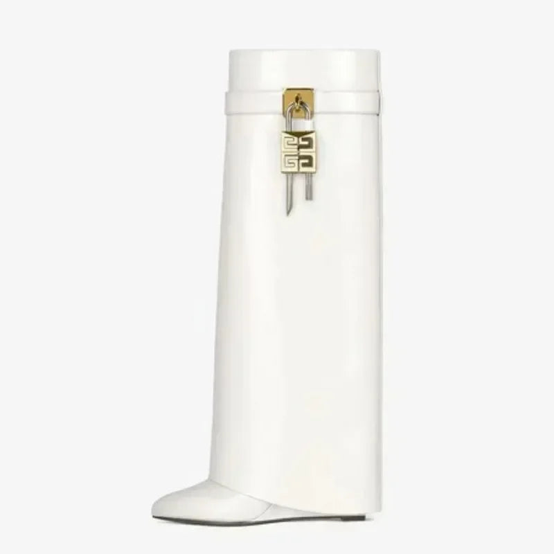 Knee-length Zipper Boots for Women, Thick Soles Metal Decoration Shoes, Shark Lock, High Heels, Designer Fashion Brand - Natalia Home Fashion