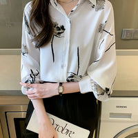 Women's Blouse Long Sleeve Rose Printed Fashionable Chiffon Shirt Long Sleeve Top