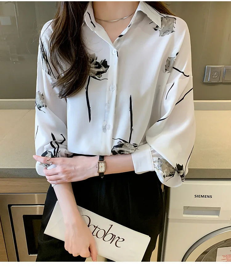 Women's Blouse Long Sleeve Rose Printed Fashionable Chiffon Shirt Long Sleeve Top