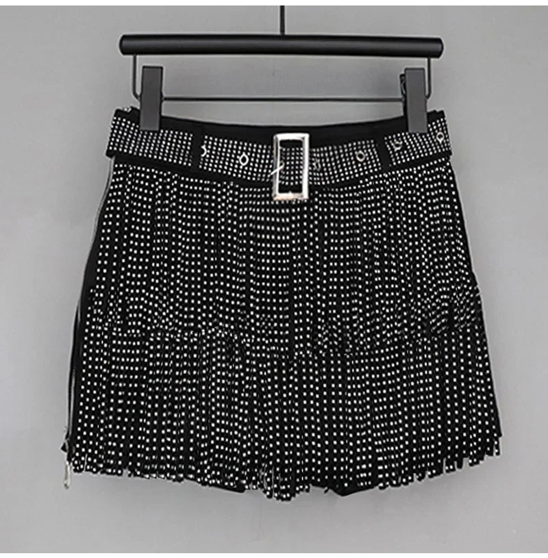 Tassel Short Shorts Women's Diamond Embellished Mid-Waist Dance Denim Hot Pants Outerwear Fashionable Korean Style Sexy