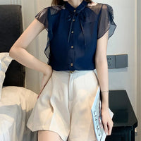 Women flare Short Sleeve blue shirts lady chiffon tops