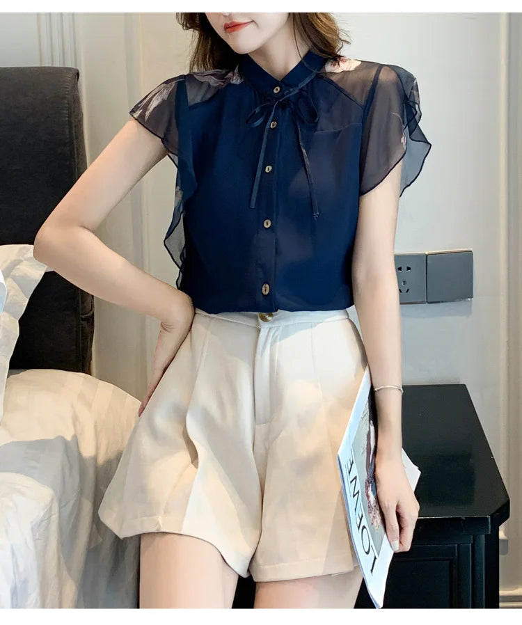 Women flare Short Sleeve blue shirts lady chiffon tops