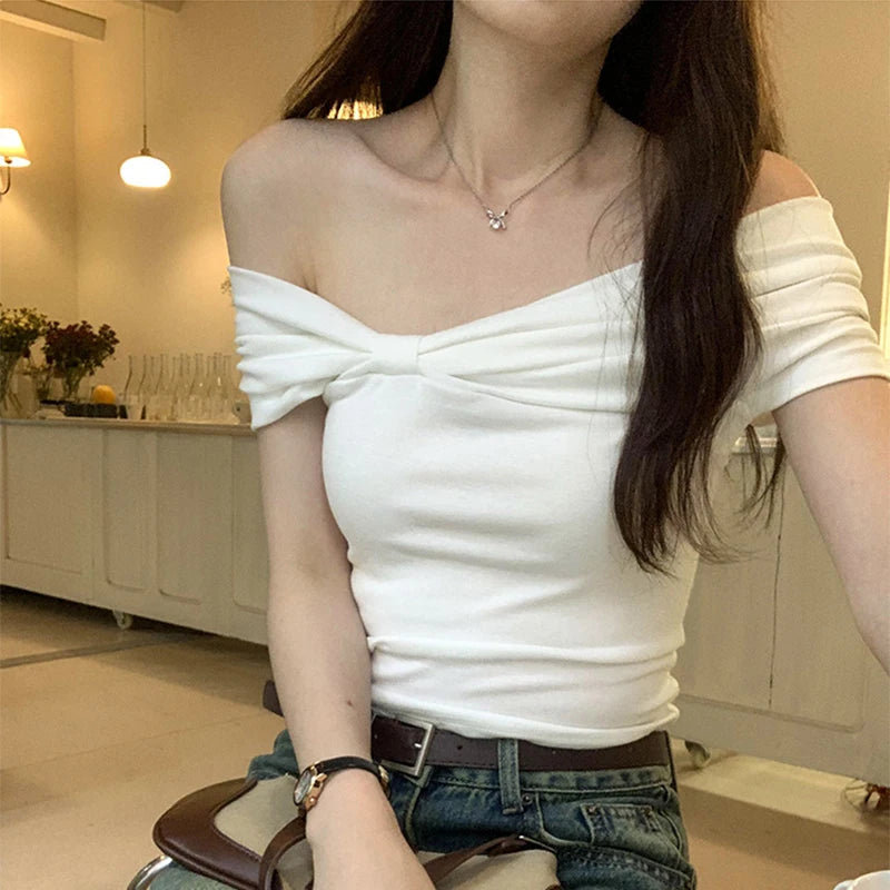 Summer Off Shoulder Bow Short Sleeve T-Shirt Women Stylish Ruched Slash Neck Cropped Tops Daily All-Match Solid Slimming Blouses Natalia Home Fashion    Natalia Home Fashion