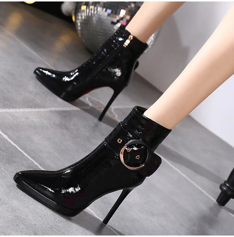 Women Ankle Boots Runway Style Sexy Belt Buckle Side Zip High Heels Patent Leather Party Dress Ladies Shoes