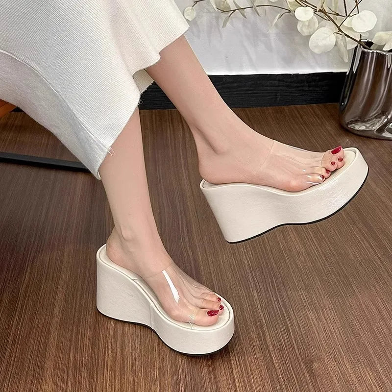 Thick Heel Platform Sandals Women's Summer Casual round Head PVC Material Beach Slippers Transparent Strap Casual Slip-On Shoes