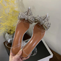 Fashion Design Crystal Bowknot Women Pumps Sexy Pointed Toe Clear High Heels Wedding Prom Shoes PVC Transparent Sandals
