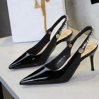Fashion Women Pointed Toe Patent Leather High Heels Shallow Vamp Rhinestone Decorated Backless Strap Dress Shoes