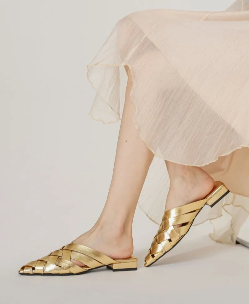 Hollow Woven Pointed Cool Slippers Women's Summer Thick Heel Outer Wear Bag Head Half Slippers Women Sandals