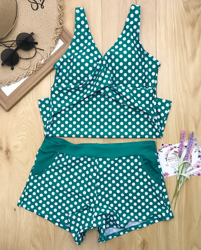Women Dots Tankini Plus Size Swimwear Push Up Two Piece Swimsuit with Shorts High Waist Bathing Suit 2XL Polka Print Beachwear