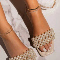 Spring and Summer Women's Pearl Rhinestones Women's All-match Casual Slippers Fashion Solid Flat Shoes Sandals