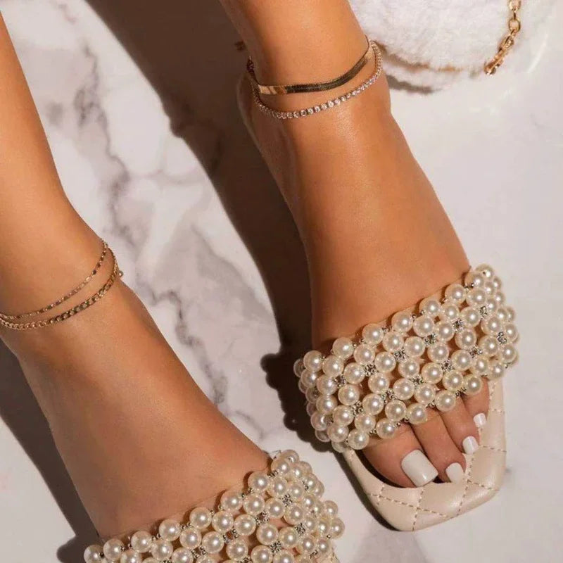 Spring and Summer Women's Pearl Rhinestones Women's All-match Casual Slippers Fashion Solid Flat Shoes Sandals