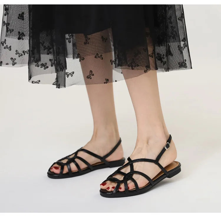 French-style cross-strap sandals, summer open-toe flat women's shoes, one-strap buckle Roman-style commuter shoes