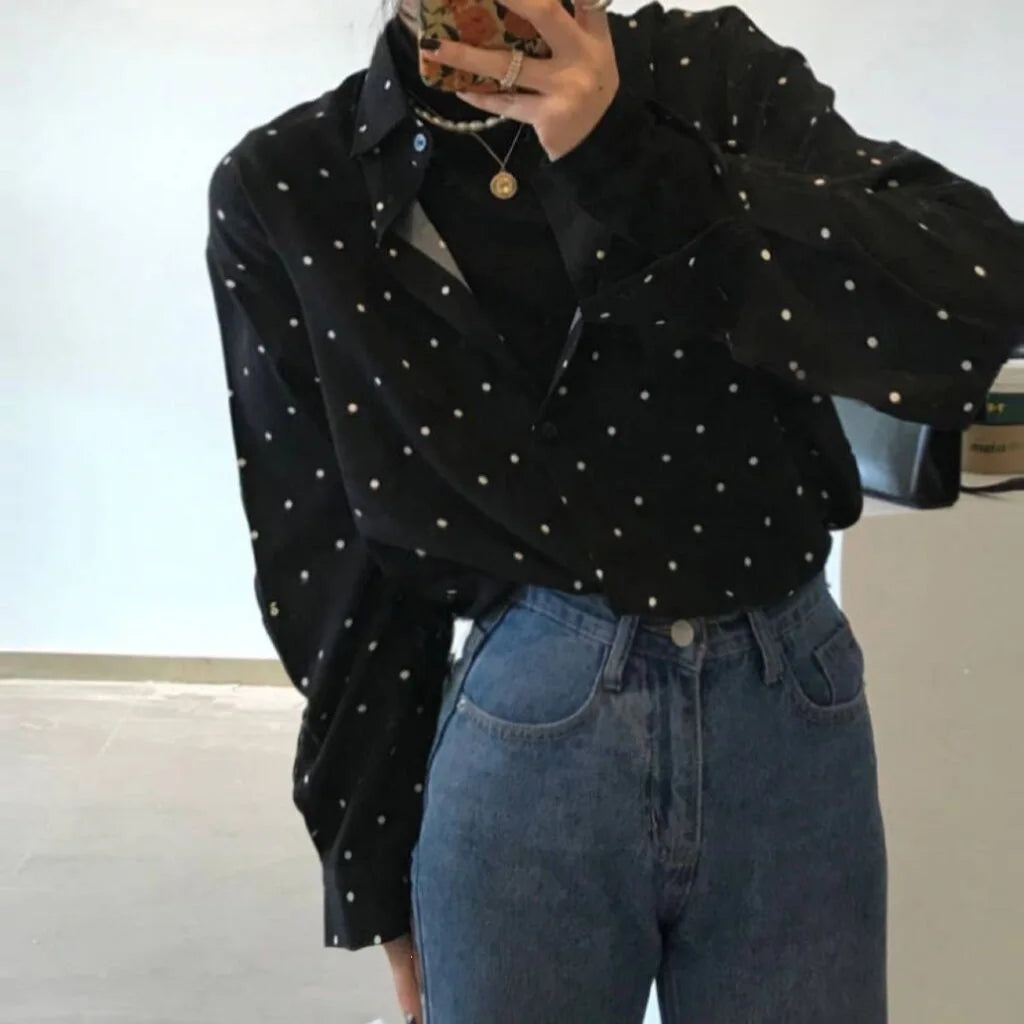 Chic Polka Dot Long Sleeve Shirt Women's Turn-down Collar French Style Simple Design Spring Summer New Arrival