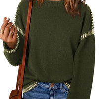 Women's Loose Long Sleeve Crew Neck Knitted Sweater Thickened Polyester Fiber Pure Color Tassel Knitwear