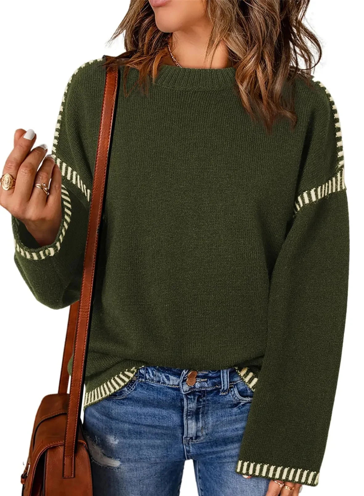Women's Loose Long Sleeve Crew Neck Knitted Sweater Thickened Polyester Fiber Pure Color Tassel Knitwear