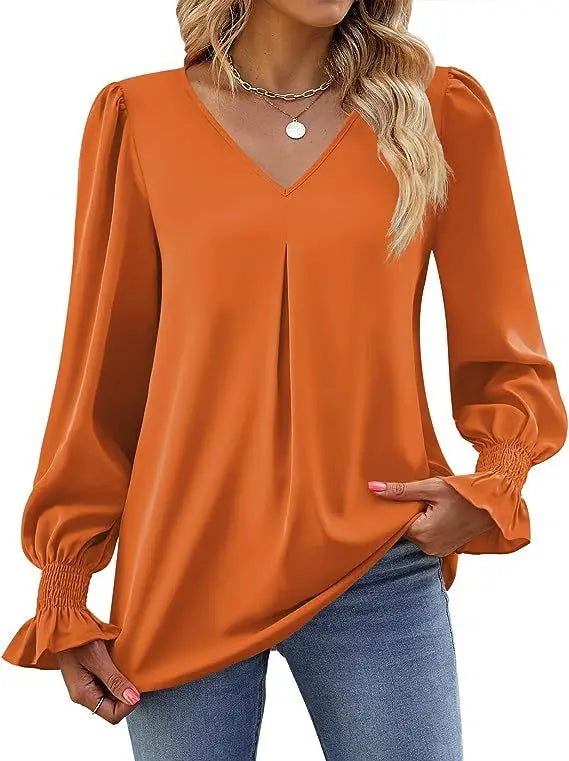 Fashion Simple Solid Color Pullover Shirt Women Loose V-neck Flared Sleeve Shirts Top Female Elegant Commuting Clothing