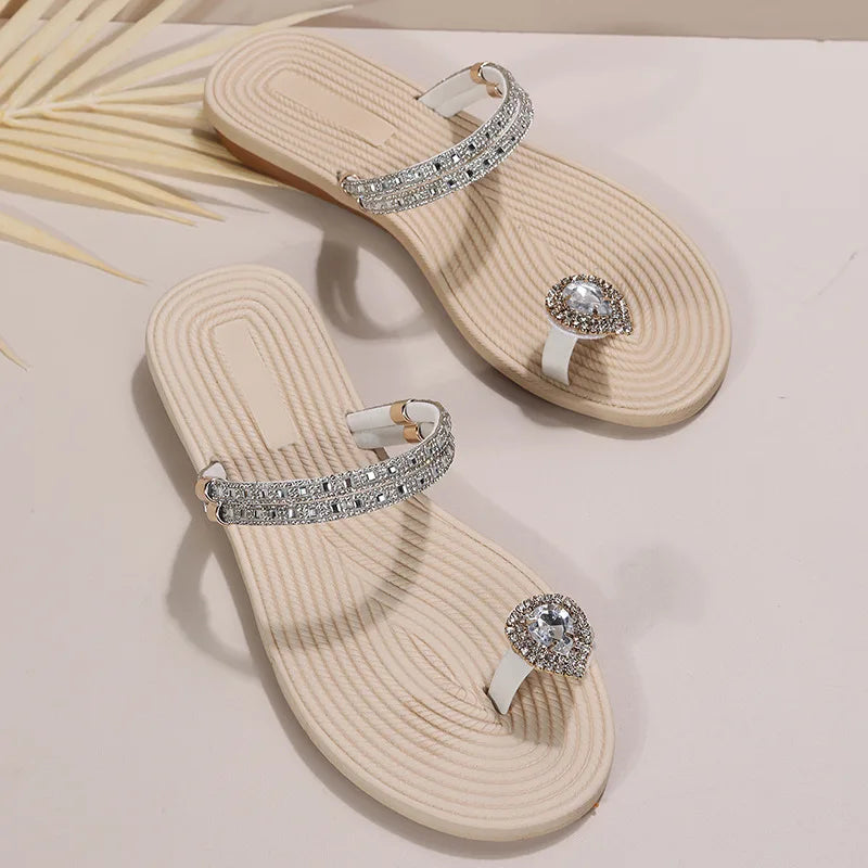 Crystal Gladiator Women Sandals Summer  Clip Toe Flat Heels Beach Slippers Woman Slides