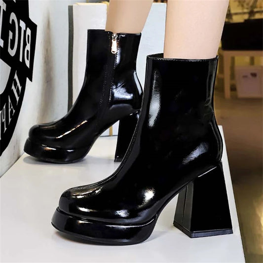 Patent Leather Round Toe Ankle Boots Women Designer Platform Heel Pole Dancing Shoes