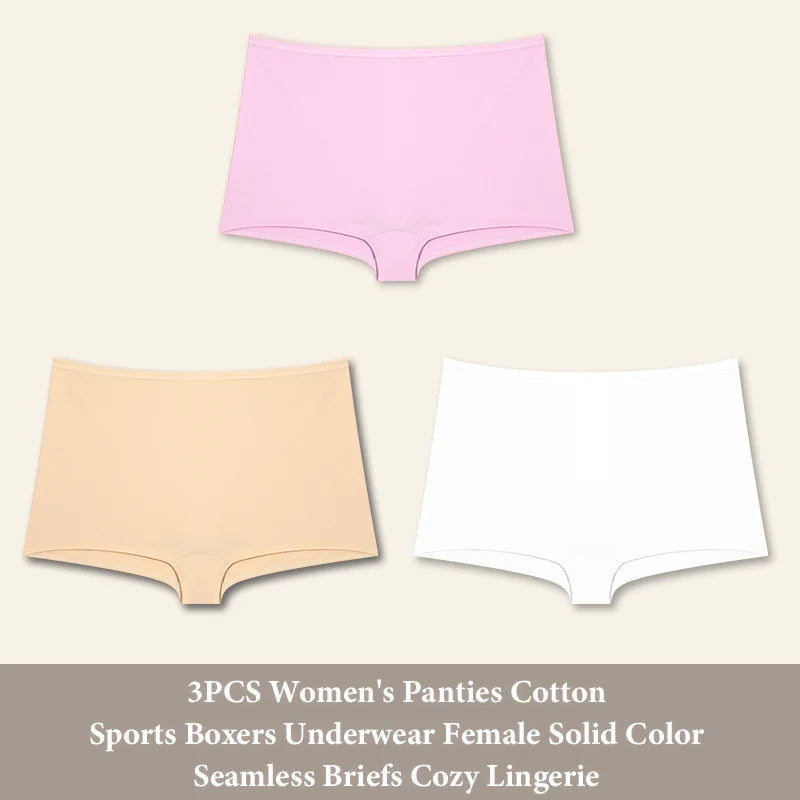3PCS Women's Panties Cotton Seamless Sports Boxers Underwear Female Solid Color Briefs Cozy Lingerie Intimate Underpants