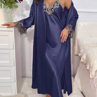 Contrast Lace  Long Sleeve Belted Robe V Neck Slip Dress Sexy Elegant Women Pajamas  Sets