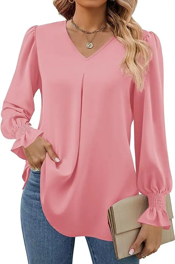 Fashion Simple Solid Color Pullover Shirt Women Loose V-neck Flared Sleeve Shirts Top Female Elegant Commuting Clothing