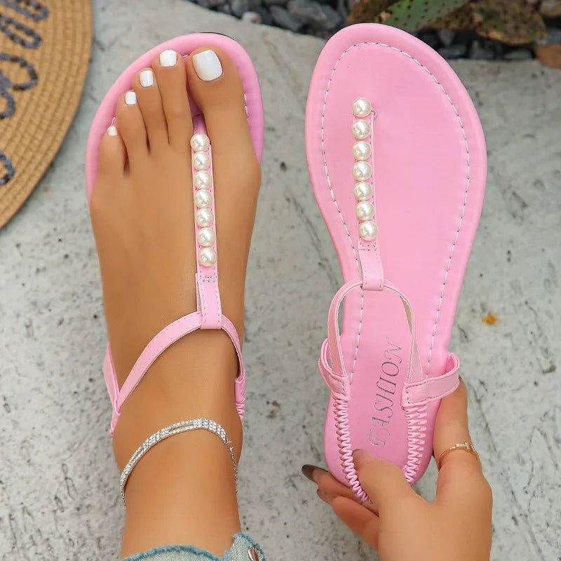 Slippers Sandals Women Fashion Casual Beach Outdoor Flip Flop Sandals Beads String Ladies Flat Slippers with Beed Pearls slip on