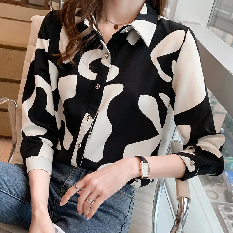 Elegant Long Sleeve Floral Print Chiffon Shirt Women's Versatile High-End Fashion Top Spring City Style Commute Shirt