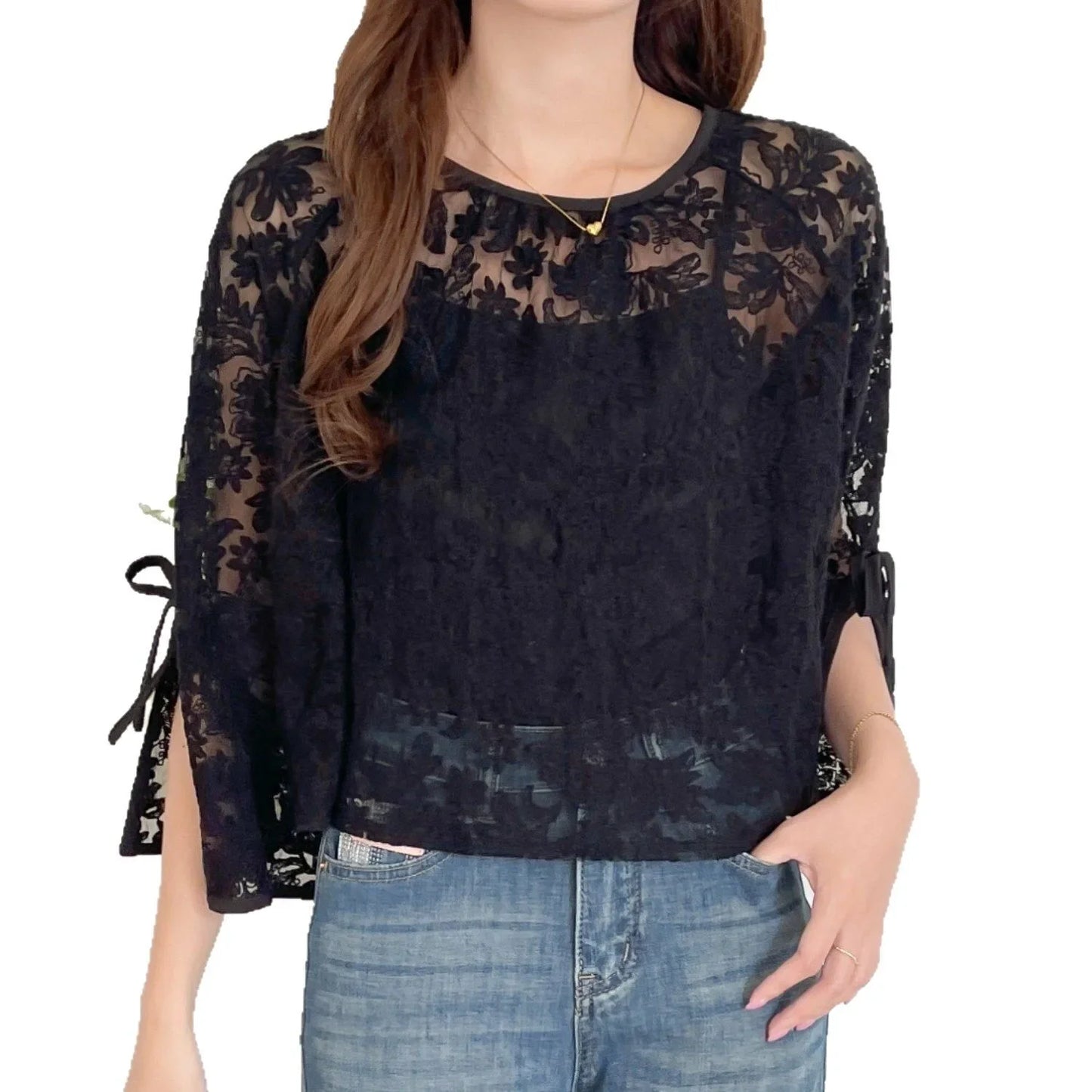 Round Neck Lace Shirt Women's Summer Floral Print Tie Dotted Cotton Blend Full Sleeve Slim Fit Button up Top