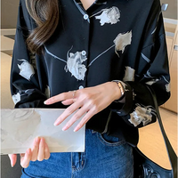 Women's Blouse Long Sleeve Rose Printed Fashionable Chiffon Shirt Long Sleeve Top