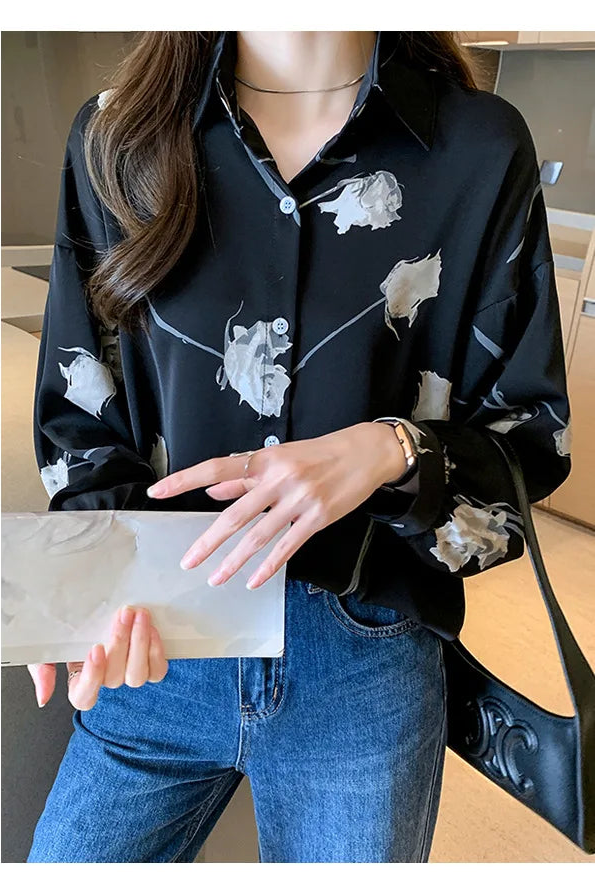 Women's Blouse Long Sleeve Rose Printed Fashionable Chiffon Shirt Long Sleeve Top