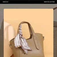 Pure Leather Cowhide Single Shoulder Crossbody Bag Ladies Handbag Fashion Bucket Bag Simple Basket Comes with Scarf