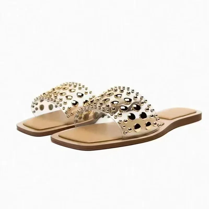 Women's Shoes PVC Transparent Riveted Casual Flat Open Toe Beach Slides Trend Brand Design Big Size Ladies Slippers - Natalia Home Fashion