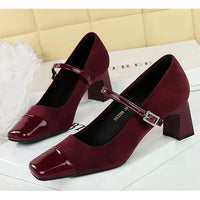 Leopard Print Women Pumps Suede Middle Heel Shoes Sexy Mary Jane Shoes Rhinestone Buckle Ladies Shoe Square Head