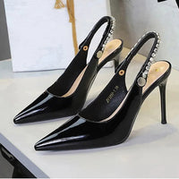Fashion Women Pointed Toe Patent Leather High Heels Shallow Vamp Rhinestone Decorated Backless Strap Dress Shoes