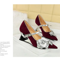 Metal Wedges 6 cm Women Pumps Flower Design High Heels Suede Sexy Party Shoes Buckle Ladies Shoes Women Wedges