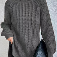 Turtlenecks Women Pullovers Mid-Long Casual Knit Sweater Fad Raglan Sleeves Side Slit Sweater New Skirt-style Jumper