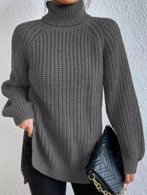Turtlenecks Women Pullovers Mid-Long Casual Knit Sweater Fad Raglan Sleeves Side Slit Sweater New Skirt-style Jumper