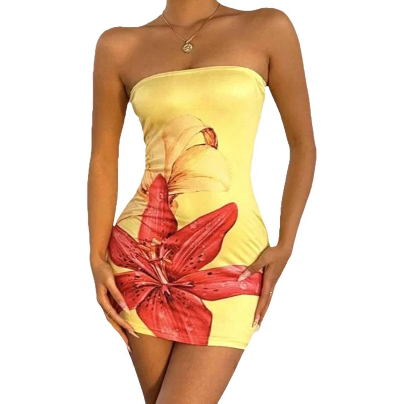 Summer Sexy Waist-Cinching Floral Dress Beach Sand Beach Crossbody Strapless Short Skirt Polyester Fabric Street Style
