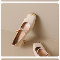 Retro Square Head Mary Jane Shoes Women Comfortable Slip-On High Heels Casual Velvet Upgraded Rubber Sole