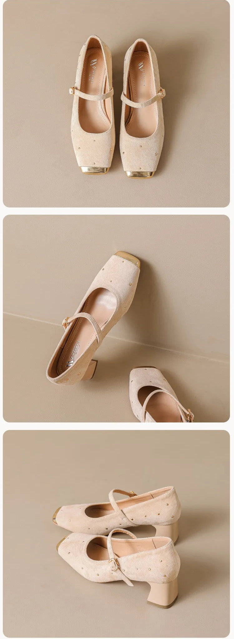 Retro Square Head Mary Jane Shoes Women Comfortable Slip-On High Heels Casual Velvet Upgraded Rubber Sole