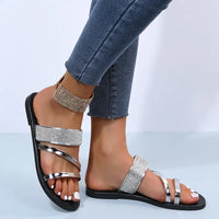 Women's Fashion Patent Leather Flat Heel Sandals Bling Rhinestone Narrow Band Beach Casual Slippers