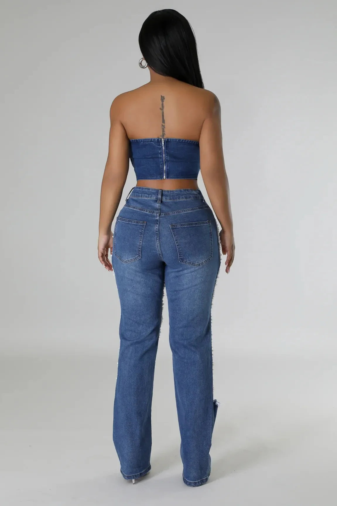 Heavy Duty Denim Jeans Women's High Waist High Elasticity Hole Punching Beading Long Pants Trendy Spicy Girl Style