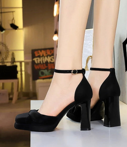 One-Strip Ultra-High Heel Sandals Platform Thick Heel Bow Women Shoes Square Toe Shallow Mouth Hollow Shoes