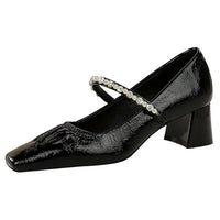 Heels Women Fashion CRYSTAL Pearl Pumps Square Toe Stripper Elegant Party Square Heel Ladies Shoes
