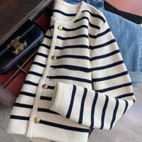 Chic Striped O Neck Sweaters Women Autumn Winter Korean Fashion Long Sleeve Knitwear Coats Single Breasted Knitted Cardigans Natalia Home Fashion    Natalia Home Fashion